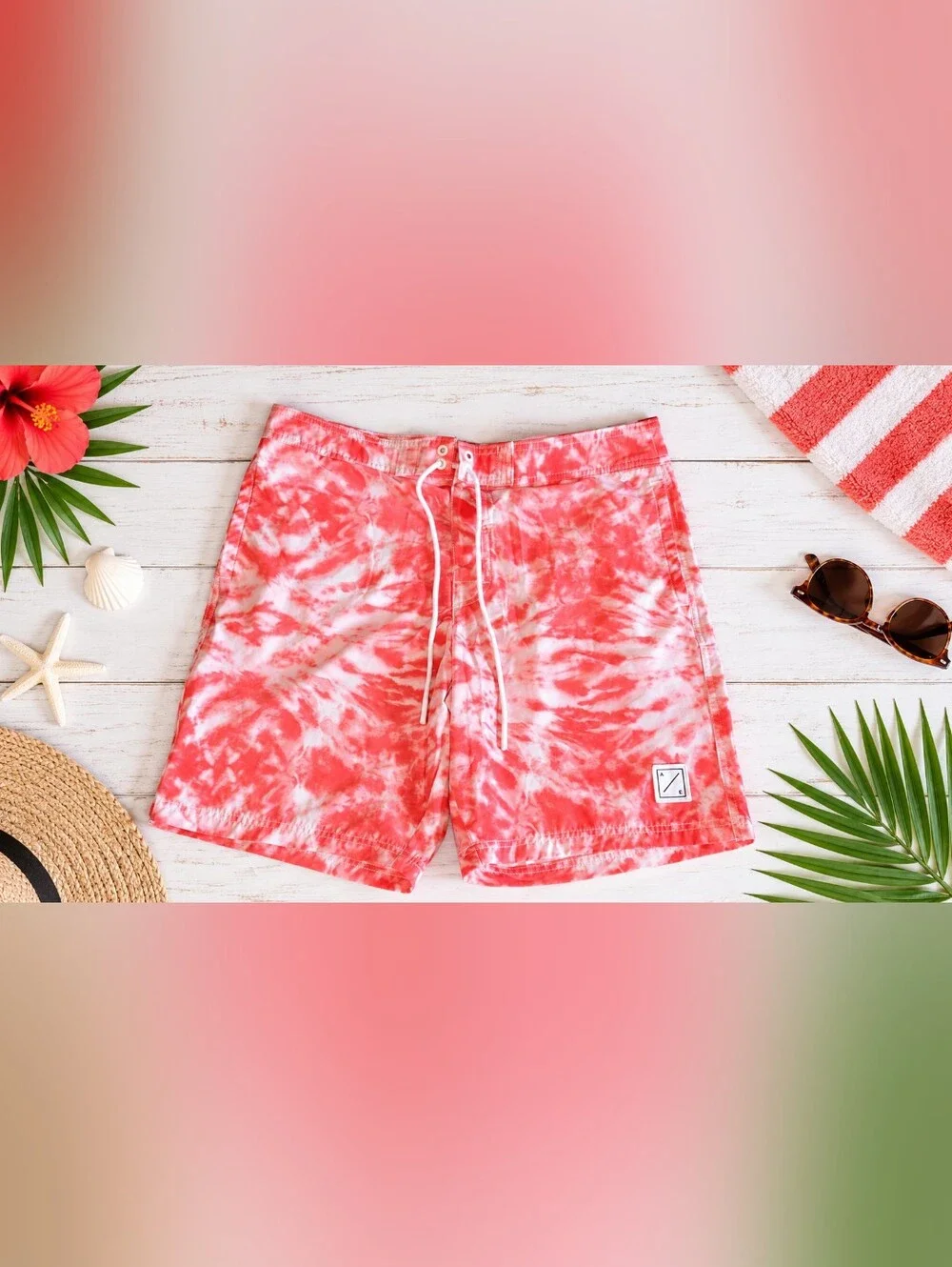 American Eagle Men's Coral & White Tie-Dye Swim Trunks Shorts - Size Large